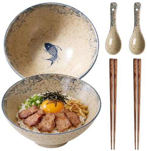 Ramen Schüssel Set 2-teilig, 2 x 1200ml Keramik Ramen Bowl mit Essstäbchen und Löffeln, Große Suppenschüssel & Salatschüssel, Ramen Set für Ramen, Pho, Udon, Mikrowellen- & Spülmaschinengeeignet