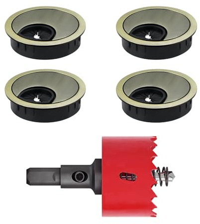 4 PCS Desk Cable Grommets Bronze, 60mm Desk Grommet Durable Cable Hole Cover Round Desks Hole Cover Metal with Holes Saw for Office Home Desktop Organizer