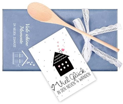 Geschenk zum Einzug einzugsgeschenk Geschirrtuch mit Holz Kochlöffel Grußkarte & Dekoband Neues Zuhause Wohnung & Umzug Geschenkidee geschenk zum einzug einzugsgeschenke wohnung home sweet home