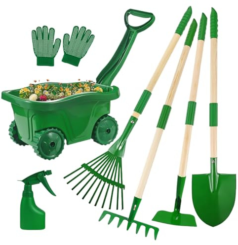 Attrezzi da giardino per bambini - Set di giocattoli con carriola Giocattoli da giardinaggio per bambini, Rastrello Pala Zappa Rastrello per foglie Guanti Bottiglia spray Fingi Giochi da giardino | Ad