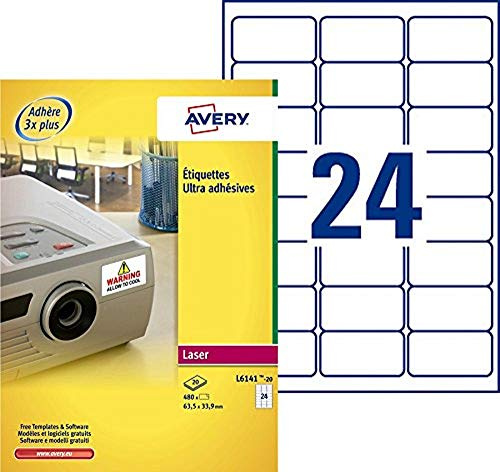 Avery España L6141-20 - Pack de 20 folios de etiquetas súper adherentes, 63.5 x 33.9 mm, color blanco