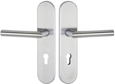 JUVA Haustürbeschlag Edelstahl Tür-Schutzbeschlag Wohnungstür Türbeschlag - HE10000 | Drücker - Drücker | DIN 92 mm | Langschild mit Anbohrschutz | 1 Türgarnitur Set inkl. Befestigungsmaterial