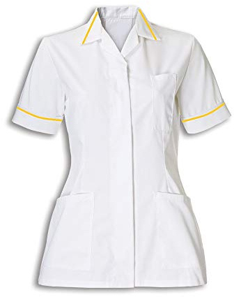 Instex Womens Nurses Healthcare Tunic, Dental Vet Salon, White with Yellow Trim, Pointed Collar INS32WH/Y