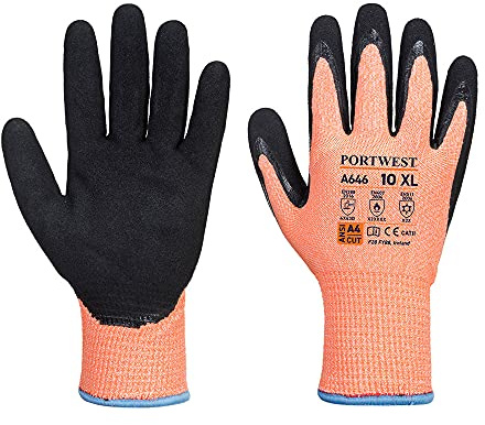 Portwest A646 Cold D13 Nitrile Viz-Tex Cut Glove Warm 7 Gauge Acrylic Liner | Orange/Black, 3X Large, EN ISO 21420 Dexterity 3, EN 407, Double Dipped Coating, Wet and Dry Grip, Thermal, Touchscreen
