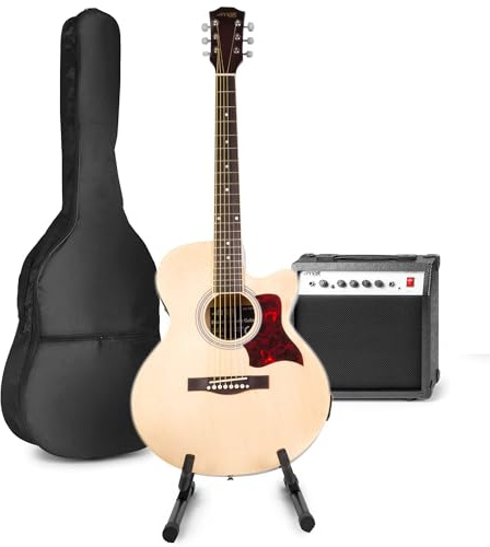 MAX Guitarra Electroacústica Western para Principiantes y Avanzados - Con Amplificador 40W, Soporte, Funda, Afinador Digital, Púas, Cuerdas Extra, Correa y Cable Incluidos