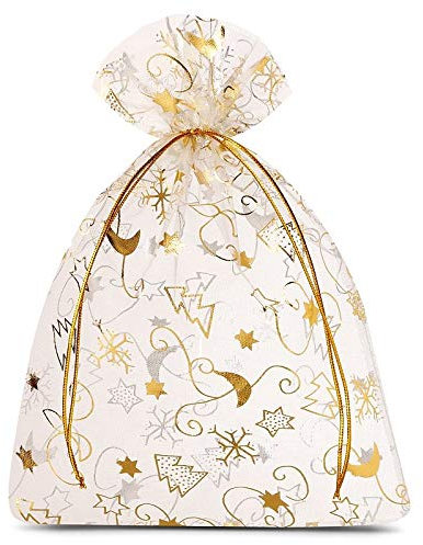 SAKETOS Weihnachten Organza Beutel 10 Stück Stoffsäckchen mit Weihnachts Motiv Geschenksäckchen Organzasäckchen mit Zugband Geschenkverpackung Weihnachts Dekoration I 22 x 30 cm - Ecru Weihnachten