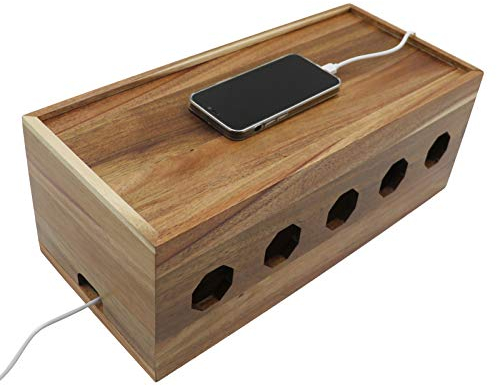 Insun Cable Tidy Box, Acacia Wood Box for Cable Management, Charger Power Cord Hideaway, Surge Protector for Home Office 40x18x15cm