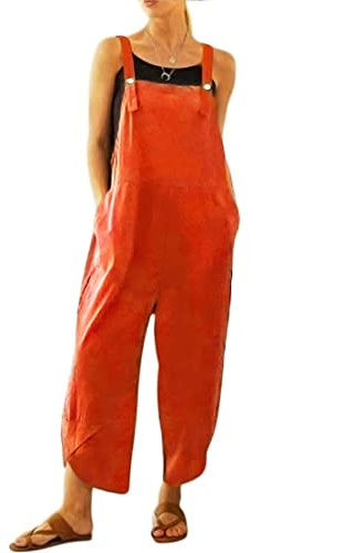 BRONG Womens Overalls Casual Loose Dungarees Soft Cotton Linen Womens Jumpsuit Baggy Playsuit Adjustable Straps with Pockets