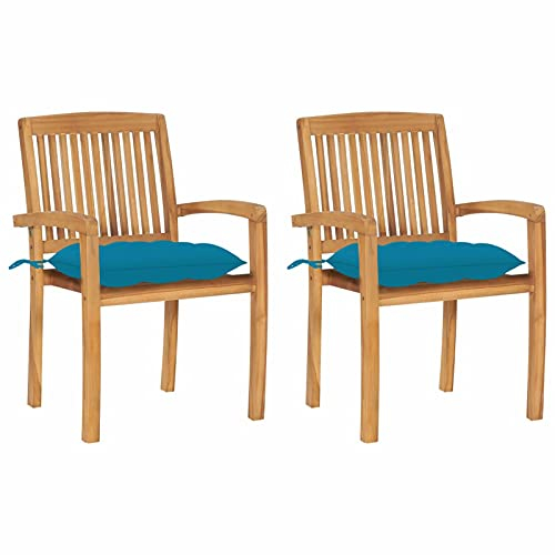 Tidyard 2X Teak Massiv Gartenstuhl mit Hellblauen Kissen Stapelbar Stapelstuhl Holzstuhl Gartensessel Stapelsessel Gartenmöbel Stuhl Terrassenstuhl