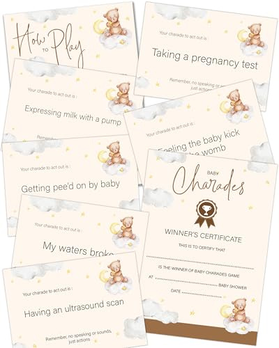 Babyparty-Scharaden, Unisex, neutrales Teddybär-Thema, Babyparty-Spiel (enthält 38 Scharade-Karten und Anleitung (evtl. nicht in deutscher Sprache) + Gewinnerzertifikat) – hergestellt in