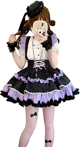 HIMI HIMIFASHION Adolescentes linda falda corta Lolita Sweet faldas con volantes escalonados con cinturón cintura elástica A-line falda de tirantes, Negro Y Púrpura, S