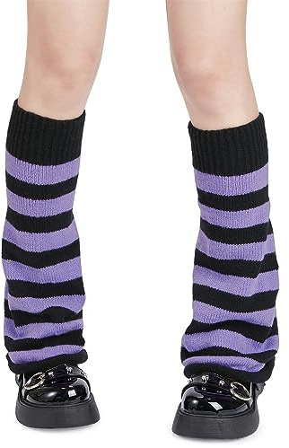 Komorebi Halloween Leg Warmers Purple and Black Leg Warmers for Girl 80s Knitted Socks Harajuku Goth Accessories Black&Purple Stripes One Size