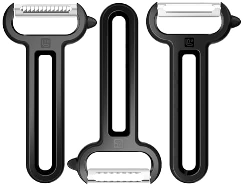 Linoroso 3PCS Pelador con Puntas en Y Cuchilla Lisa, Dentada y Juliana para Pelar y Pelar Frutas y Verduras, Afilado, Suave y Cómodo Agarre - Negro