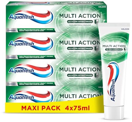 Aquafresh Multi Action Pasta de Dientes Con Flúor, Lucha Contra Caries, Manchas Superficiales y Mal Aliento, Pack 4x75 ml