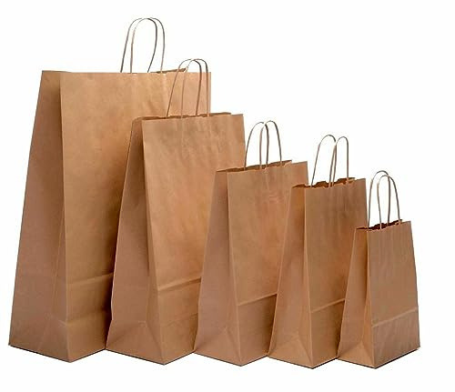 HOT BARGAINS 100 X Extra Large Paper Bag with Handle Brown Colour SOS Takeaway Round Handle Paper Carrier Bags Recyclable for Shopping, Gift Bag (100 x Brown (XL) 32 x 21 x 33 cm)