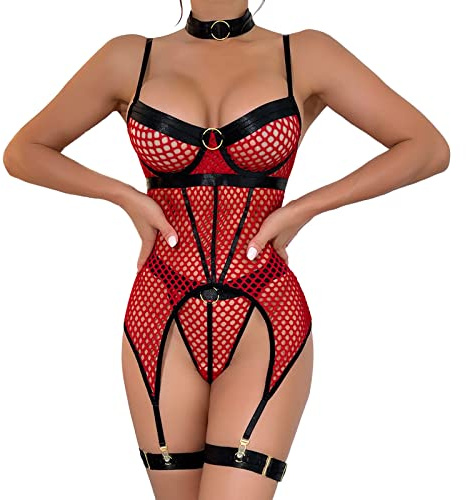 LKRSEEF Club Guepiere Femme Érotique Sexy Harnais Chemise Ouverte Resille Nuit Body Coquine Hot Dentelle Combinaison Grande Taille Tulle Chic Femme String Pute Vêtements Femme Confort