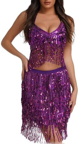 Damen Bauchtanz Kostüm Zweiteiler Sexy Quaste Pailletten BH Oberteil + Hüfttuch Rock/Shorts 2 Teiler Set Glitzer Glänzendes Festival Nachtclub Kostüm Tanzkleidung Pole Dance Outfits