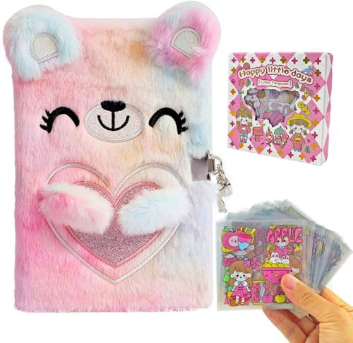 YankMooM Secret Diary for Girls,Cute Bear Lockable Diary with Stickers Plush Notebooks Girls Birthday Gift Set for Kids(Pink Blue Gradient)