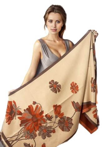 LA FERANI Damen Kaschmir Schal 185x65cm Frühling Kaschmirschal Beige Rosen Blumen Halstuch Wollschal Business Style Klassik Damenschal S65