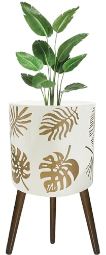 nacltlo Grand pot de fleurs Monstera moderne avec pieds pour plantes d'intérieur et d'extérieur, 30,5 cm, blanc/doré
