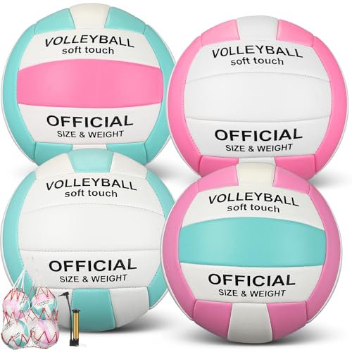Libima 4 Pack Volleyballs Official Size 5 Soft Waterproof Volleyballs with Pump and Net Bag for Beginners Training Indoor Outdoor Beach Pool Backyard Gym Back to School(Fresh Color)
