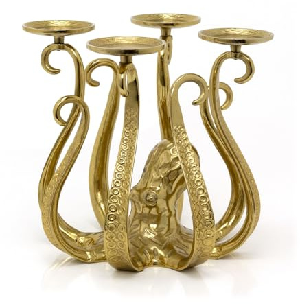 Carousel Home Antique Style Gold Metal Octopus Candle Holder | Extra Large Aluminium Octopus Candelabra | Octopus Candlestick 4 Pillar Candle Holder - 32cm