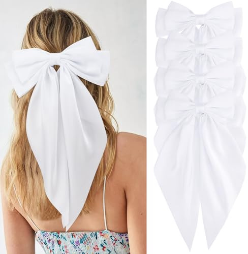 Velscrun Hair Bows for Women Girls 4Pcs White Silky Hair Bow Satin Large Coquette Bow Long Tail Big Hair Bows Clip Oversized Hair Ribbons Bow Hair Barrettes Christmas Halloween Hair Accessories Gifts