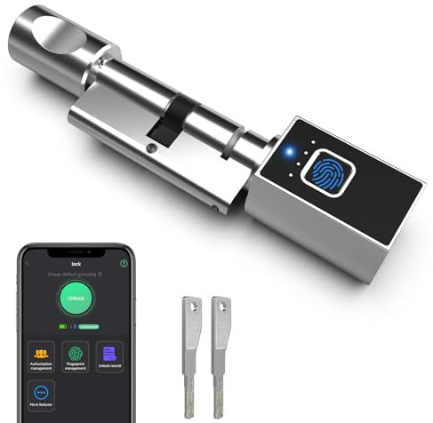 Cerradura electrónica para puerta de 60 mm (30/30) con llave de huellas dactilares, aplicación Bluetooth, autorización remota, adecuada para puertas de la mayoría de la UE, cerradura de puerta,