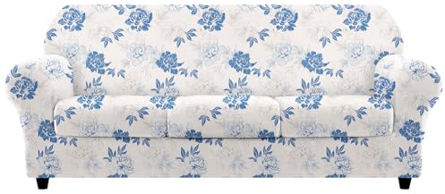 Arquiel Funda Sofa 3 Plaza, Funda EláStica para Sofá Funda 4 Piezas Jacquard Funda De Sofá con Reposabrazos Antideslizante Antimanchas Lavable(Gran Flor Azul)