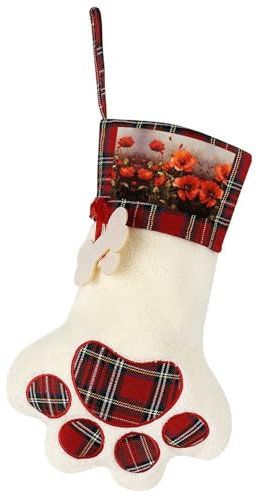 Weihnachtsstrumpf mit Pfotenabdruck, Ölgemälde, roter Blumendruck, Weihnachtsbaumstrümpfe, niedliche Katzenpfotenform für Urlaubsdekoration und Geschenke
