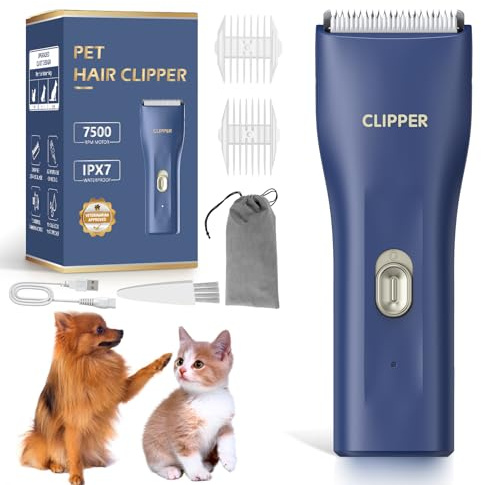 Toelettatura per Cani Professionale Tagliacapelli Animali Gatto con Lama in Ceramica, IPX7 Impermeabile Silenzioso Rasoio per Cani Gatti Tosatore Elettrico (Blu)