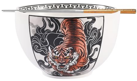 Hagary Tiger Ramen Bowl with Chopsticks Ceramic Bowl Stainless Steel Chopsticks Japanese Style Udon Miso Noodle Soup Bowls Designed in Korea (30 oz)