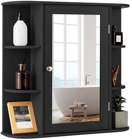 COSTWAY Spiegelschrank Bad, 4 Fächer & 6 offene Ablagen, Badezimmerschrank mit Spiegel, Badschrank hängend, Badezimmer Hängeschrank, Holz, 66 x 17 x 63cm (Schwarz)