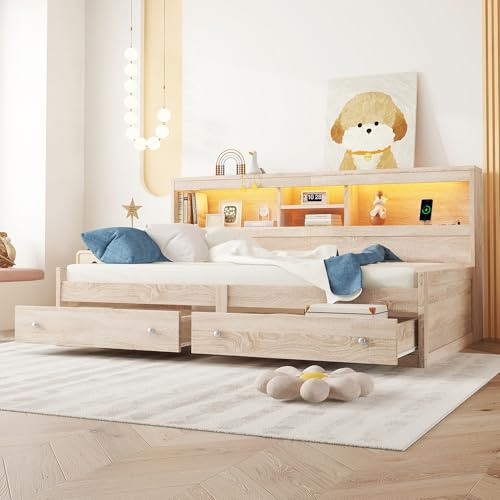 Merax Schlafsofa Tagesbett 90x200 mit Stauraum, Funktionsbett mit 2 Schubladen, USB-Ladebuchsen, Holzbett Bettrahmen mit Lattenrost (ohne Matratze), für Wohnzimmer/Schlafzimmer/Gästezimmer, Natur
