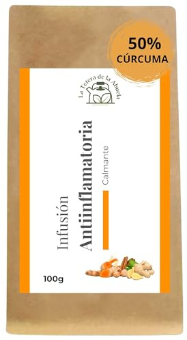 INFUSIÓN DE CÚRCUMA Y JENGIBRE 100g -Cúrcuma(50%), Jengibre, Canela y Harpagofito - Con Cáscara de Naranja y Pimienta Negra - Infusión Antiinflamatoria - La Tetera de la Abuela