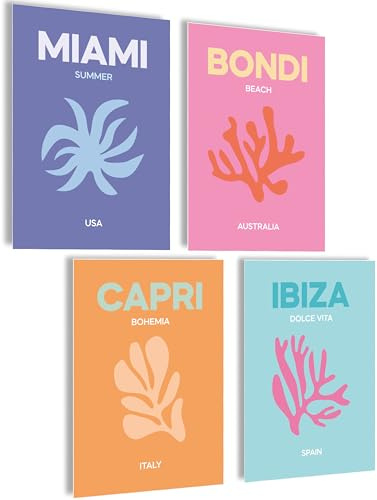 Images en Noir et Blanc de New York - Tableau Mural Ligne d'Horizon avec Miami, Bondi, Capri, Ibiza - Lot de 4 Posters
