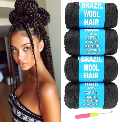 4 Roll Brazilian Wool Hair for Braids Acrylic Yarn for African Crochet Hair Jumbo Braids Senegalese Twisting Knitting Faux locs Spiral CorkscrewsTwist Wraps 70G/Roll