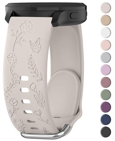 Amzpas Armband 20mm für Garmin Venu Sq/Sq 2 Music Armband Damen Herren,Silikon Floral Gravierte Ersatzarmbänder Uhrenarmband für Venu/2 Plus(Starlight)