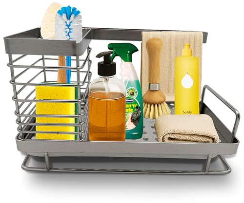 SAAIF Spülbecken Organizer – Küchen Organizer mit Spültuchhalter und Abflusspfanne – Edelstahl Spülorganizer für Spülschwamm, Bürste, und Seife für Küche Spülutensilien Aufbewahrung. (Silver)
