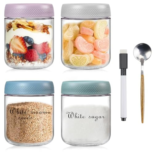 Qcdou 4Pack Overnight Oats Jar, 480ml Glass Containers with lids, 16oz Breakfast Jars, Yoghurt Pots, Fruit Pots, Oatmeal Salad Jars, Preserving Jar, for Cereals Milk Fruit Salad Snacks Juice