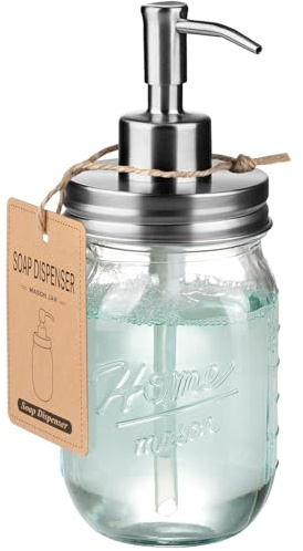 SheeChung 16 Oz Mason Jar Liquid Soap Dispenser, Glass Hand Soap Dispenser, Stainless Steel Pump Lid, Refillable Lotion Dispensers for Bathroom Countertop Kitchen, Farmhouse Decor (1, Brushed Nickel)