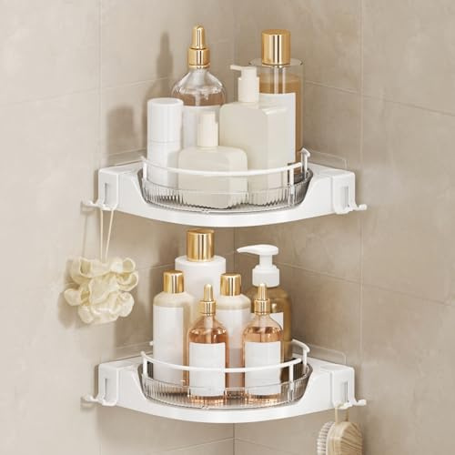 Oifecsie 360° Rotating Corner Shower Caddy (2-Pack) - Lazy Susan Bathroom Organizer with Hooks, No-Drill Adhesive Mount for Shower, Kitchen, RV, Space-Saving ABS Plastic Shower Shelf