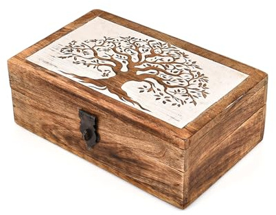 Hanol Boîtes à bijoux en bois de manguier avec arbre de vie sculpté – Coffre de rangement pour souvenirs finition blanchie à la chaux (20,3 x 12,7 x 7,6 cm)