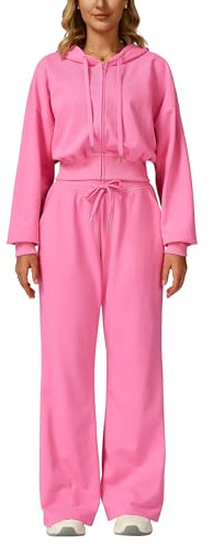 OMEWEE Tracksuit Womens Full Set Lounge Wear Sets 2 Piece Ladies Cotton Tracksuits Comfort Long Sleeve Activewear Zip Up Cropped Hoodie Coat Tops Trousers Sets Casual Fall Winter Outfit Pink Small