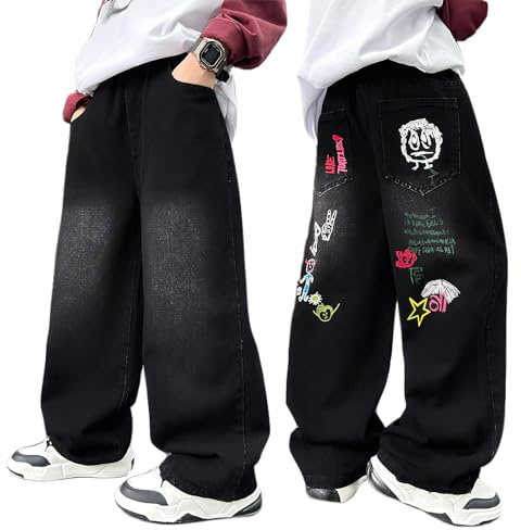 JiAmy Boys Baggy Jeans Elasticated Waist Kids Cargo Wide Leg Jeans with Multipockets Skater Y2k Unisex Streetwear Denim Trousers for 11-12 Years, Black