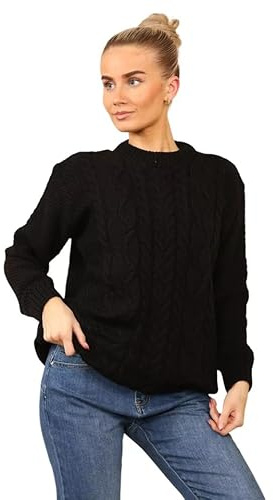 Ladies Cable Knit Jumper – Women’s Chunky Knitted Crew Neck Pullover Sweater, Oversized Warm Vintage Knitwear Top, Soft Long Sleeve Casual Winter Jumper Made in UK Black M-L