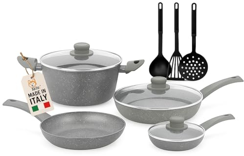 AkitaInk DURAPIETRA Batteria Pentole 10 Pezzi - Antiaderente Effetto Pietra in Alluminio Forgiato, Induzione Completa, Padelle 20/24/28 cm, Casseruola, Coperchi e Utensili – Made in Italy