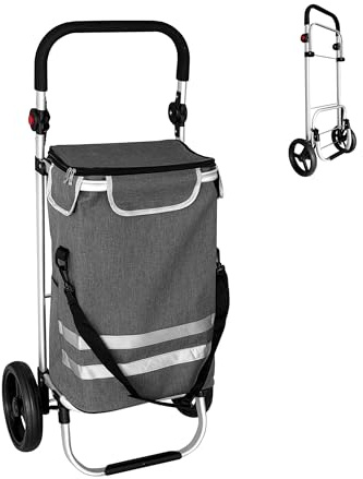 Relaxdays Shoppingvagn, 2 stora hjul, kylfack, avtagbar väska, 45 l, upp till 35 kg, vikbar shoppingvagn, grå