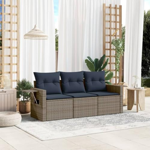Mandloder 3-teiliges Gartensofa-Set, grau, Polyrattan, mit Kissen, klappbaren Tischen, UV-beständig, für Terrasse, Balkon, Außenbereich