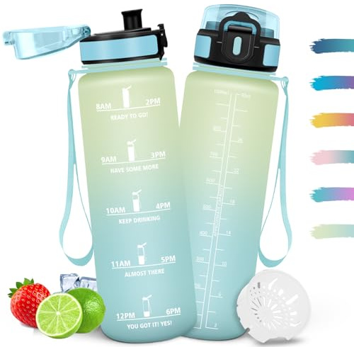 Mulbijeo Trinkflasche 1L, Auslaufsicher mit Zeitmarkierung, Wasserflasche mit Filter, Trinkflasche Kohlensäure Geeignet, Wiederverwendung, Wasserflasche für Fahrrad, Camping, Yoga, Fitness